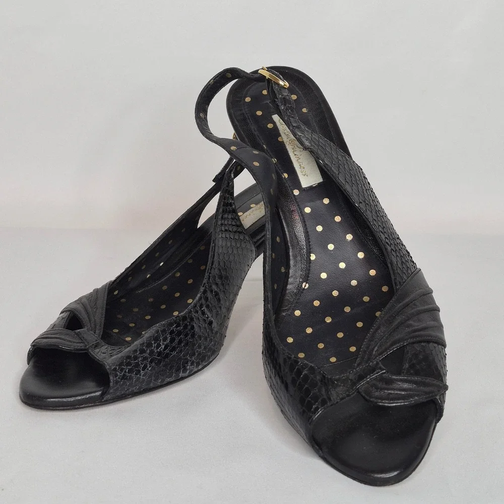 Lulu Guinness Black Snakeskin Leather Slingback Peep Toe Kitten Heels Spain 39